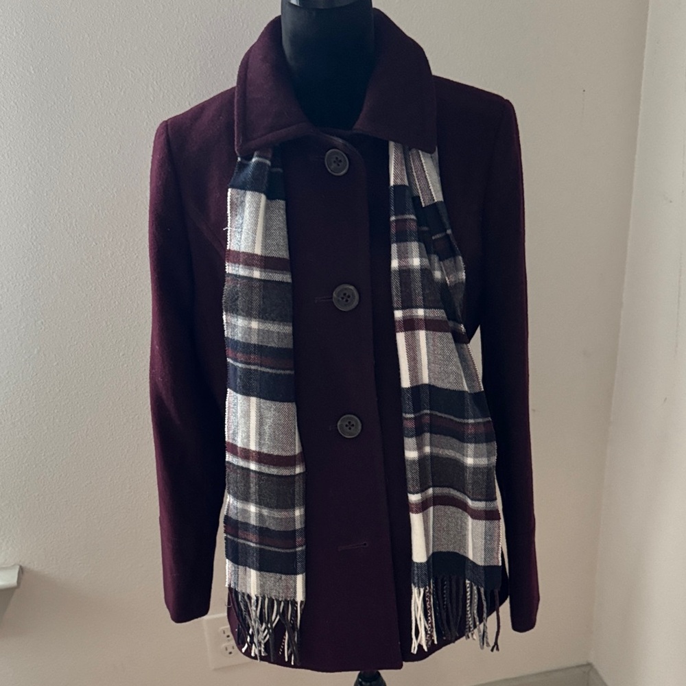 NAUTICA wool blend Burgundy Pea‎ Coat with Plaid Scarf single breasted Sz M